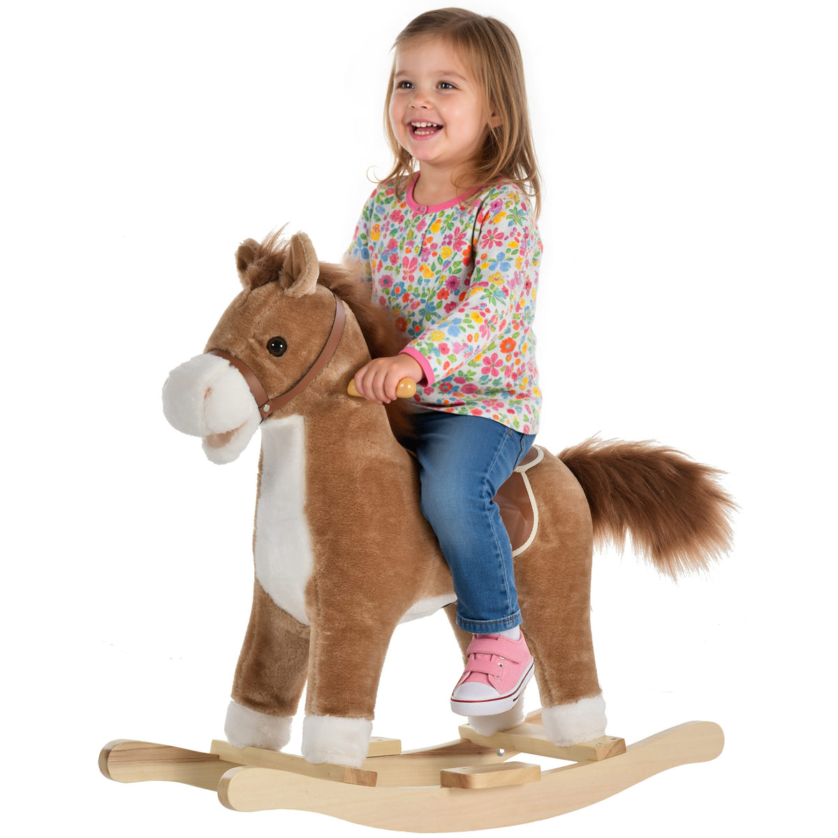 Cheval à Bascule Selle Grand Confort Peluche Courte Douce Bois peuplier Brun dim. 65L x 32,5l x 61H cm