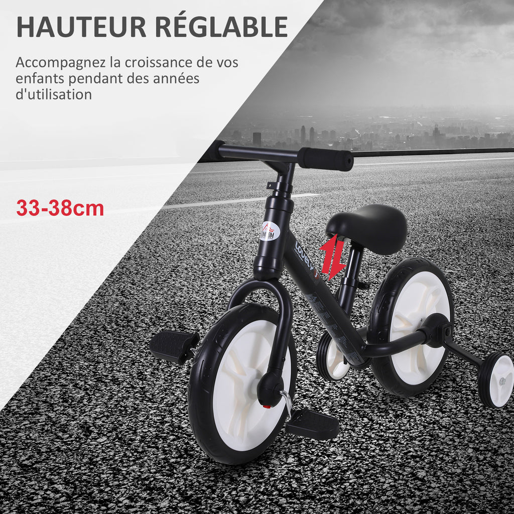 Vélo Enfant draisienne 2 en 1 roulettes et pédales Amovibles Roues 12" Hauteur Selle réglable pour enfants de 2 à 5 ans Acier Noir