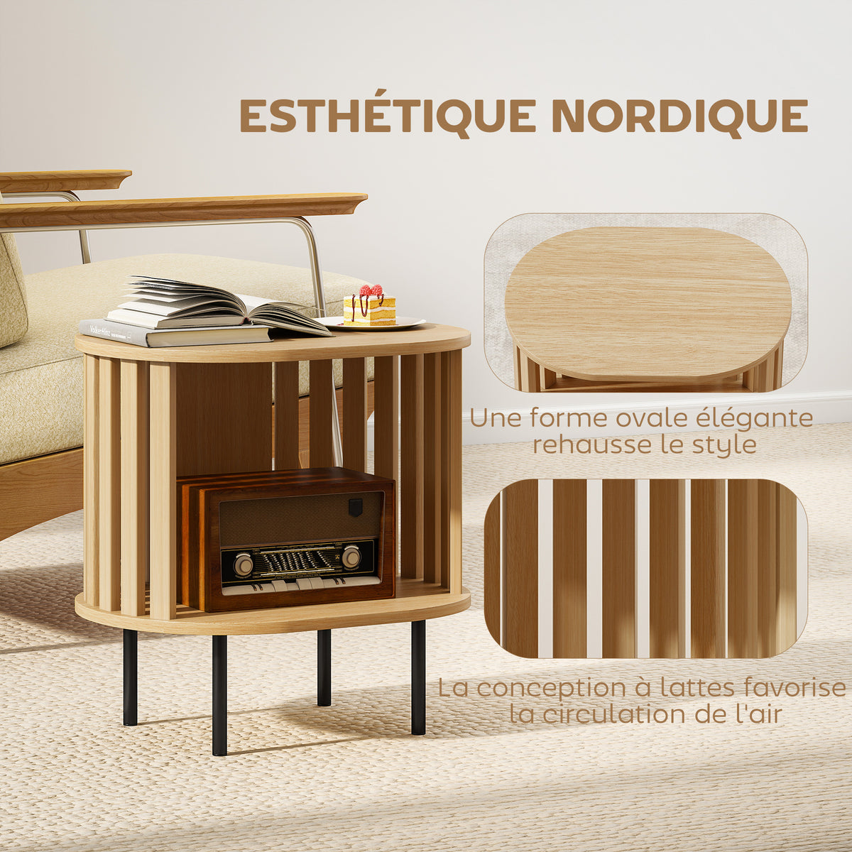 Ovális Éjjeliszekrény Nyitott Polccal – Skandináv Design, 55 kg Teherbírás