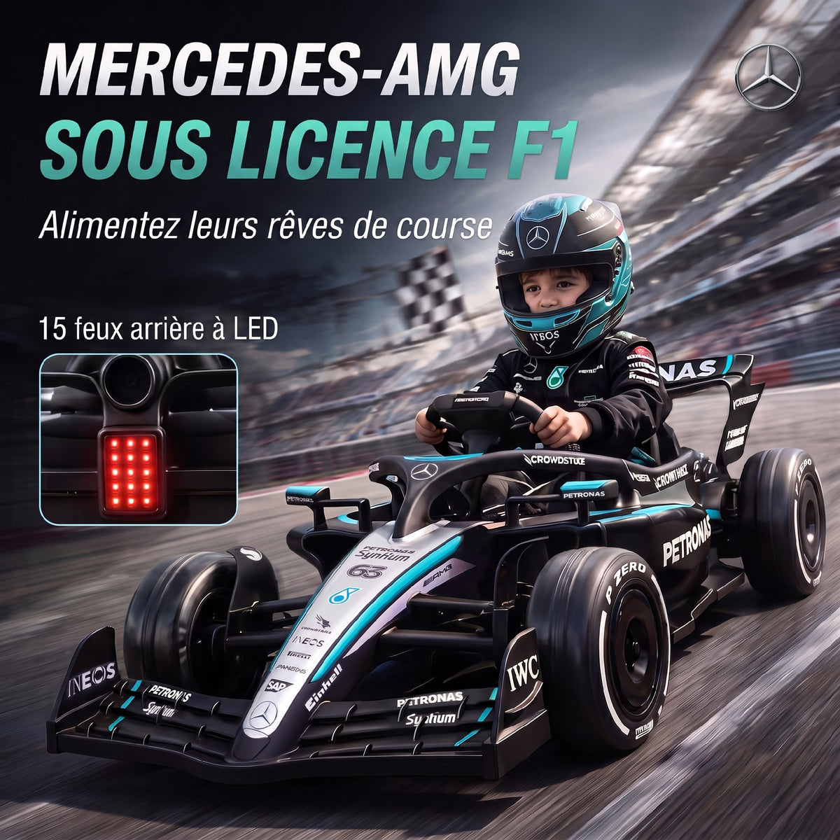 Mercedes-AMG PETRONAS F1 elektromos gokart – 12 V, lítiumakku, távirányító (Fekete/ezüst)