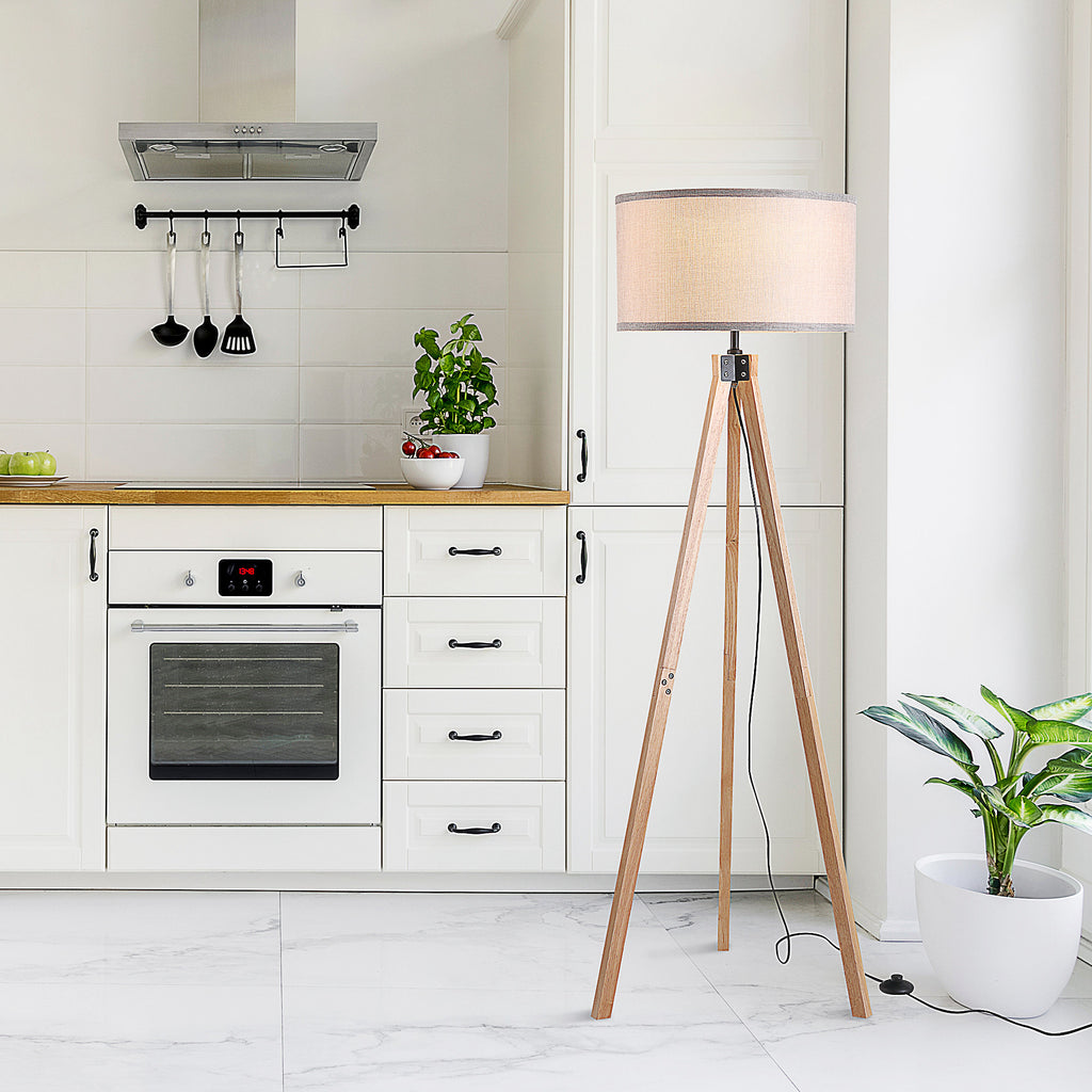 Lampadaire trépied style scandinave 40 W max. dim. 45L x 45l x 152H cm bois de pin lin beige-7