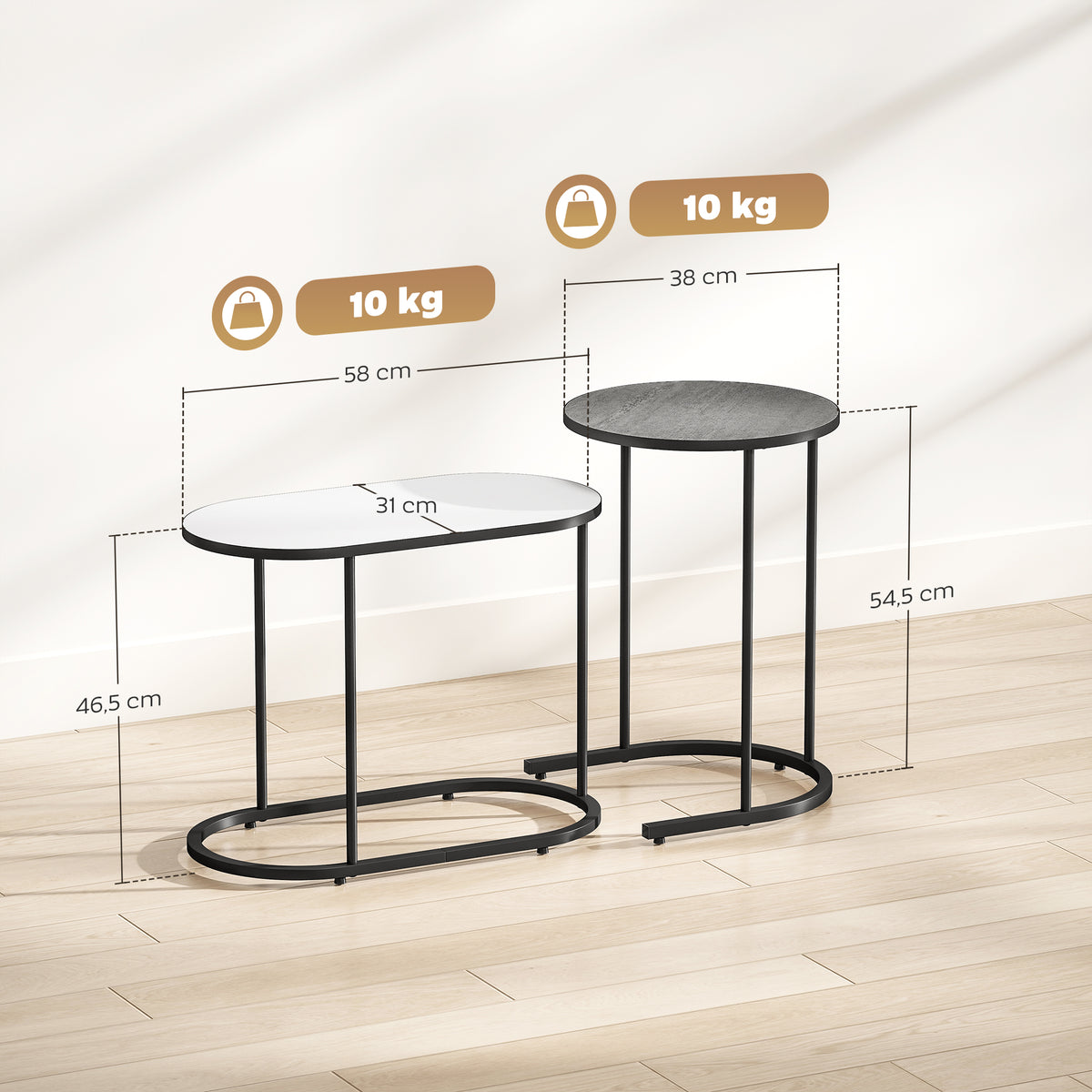 Lot de 2 tables basses gigognes, tables d'appoint empilable style contemporain, cadre en métal gris et blanc-2
