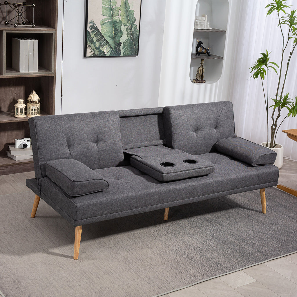 Canapé convertible 3 places, canapé-lit rembourré avec dossier réglable 3 niveaux, 2 coussins et 2 porte-gobelets intégrés, tissu de lin, pour salon, chambre d'amis, petit espace, gris foncé-9