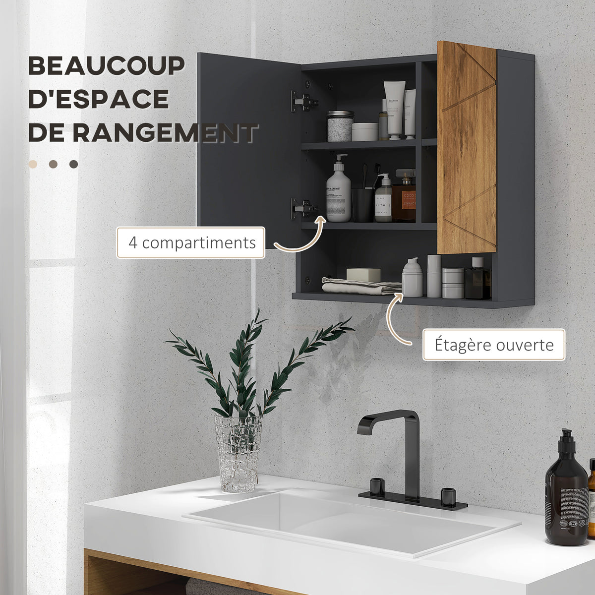 Armoire murale miroir de salle de bain placard de rangement 2 portes 55 x 17 x 55 cm naturel gris foncé-3