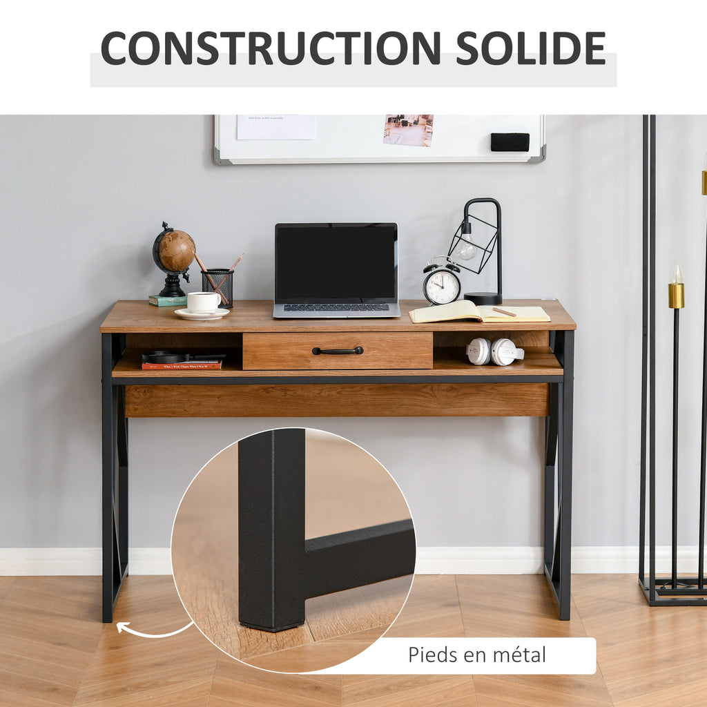 Bureau Style Industriel 120L x 60l x 76H cm tiroir + 2 niches piètement métal Noir Plateau, pour Étude, Aspect-5