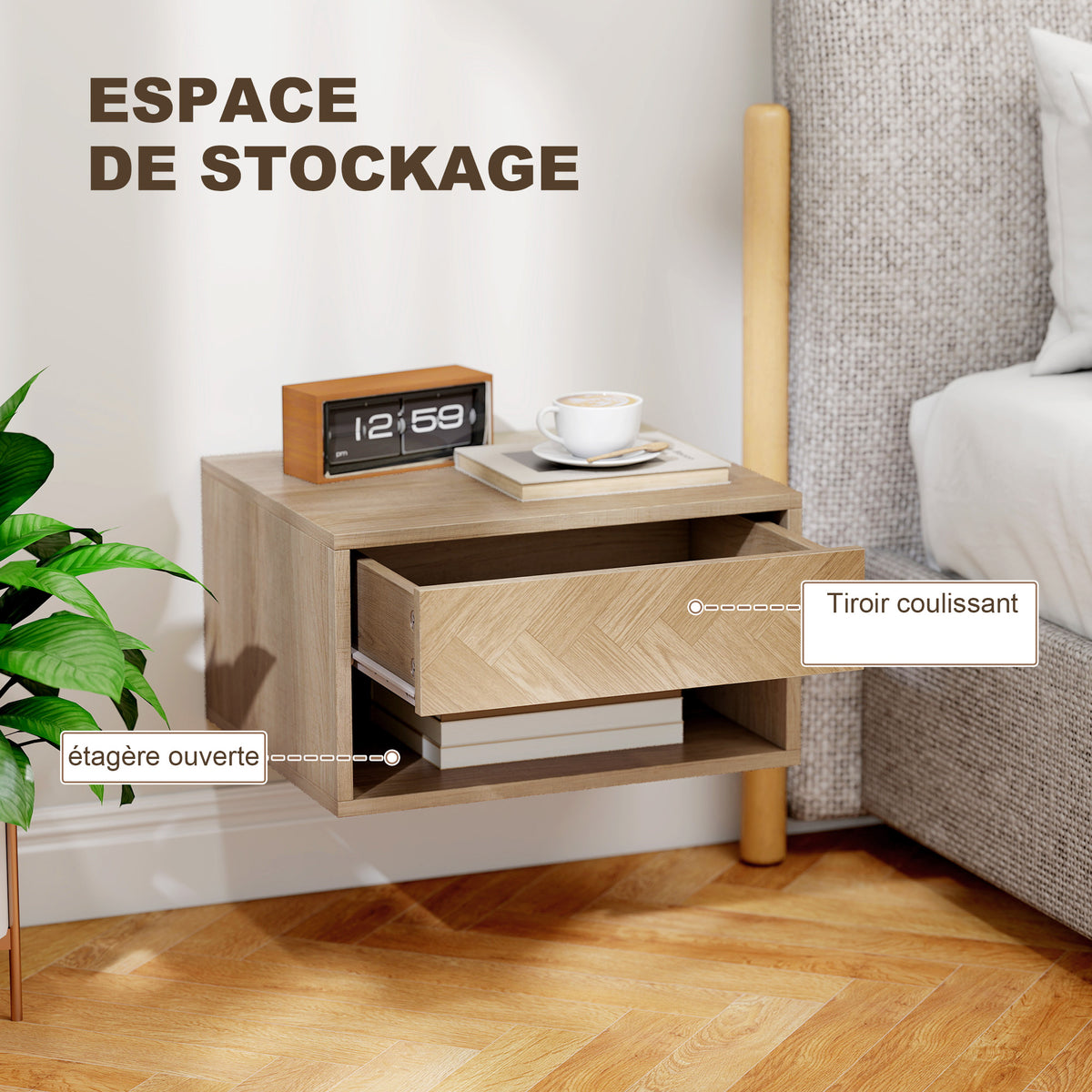 Lot de 2 tables de chevet murales, tables de nuit, tiroir, compartiment ouvert, plateau, 37 x 32 x 21 cm, bois naturel-5