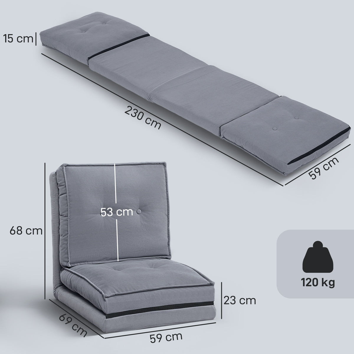Fauteuil de sol pliable en velours côtelé, matelas de sol avec dossier réglable en 5 positions, 59 x 230 x 15 cm, gris-2