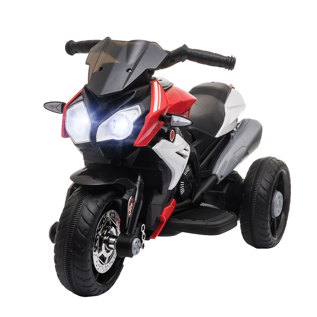 Moto électrique enfants 3 roues 6 V, voiture électrique enfants avec effets lumineux et sonores, vitesse 3 km/h, pour 3 à 5 ans, charge 25 kg, noir et rouge