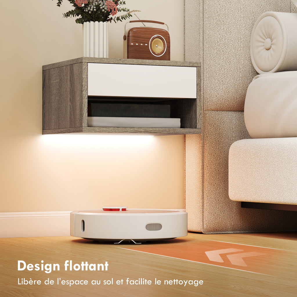 Lot de 2 tables de chevet suspendues avec éclairage LED RGB contrôle par application, étagère, tiroir, 37x32x21cm, teck-5