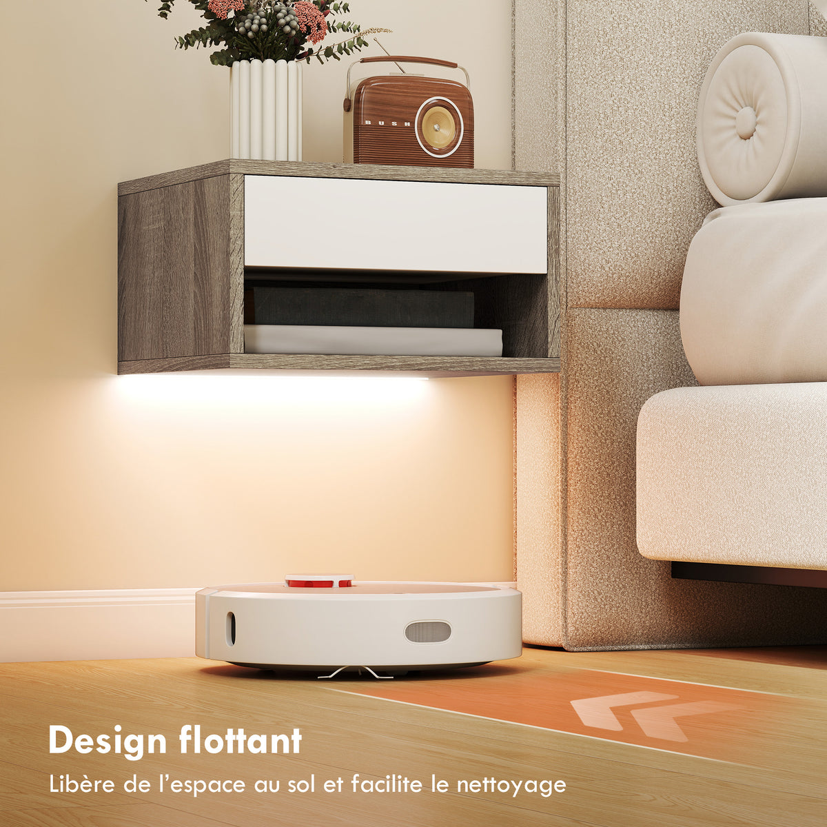 Lot de 2 tables de chevet suspendues avec éclairage LED RGB contrôle par application, étagère, tiroir, 37x32x21cm, teck-5