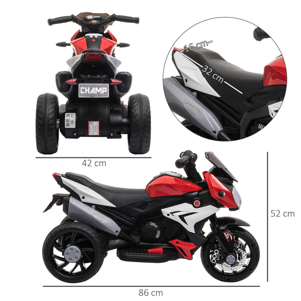Moto électrique enfants 3 roues 6 V, voiture électrique enfants avec effets lumineux et sonores, vitesse 3 km/h, pour 3 à 5 ans, charge 25 kg, noir et rouge