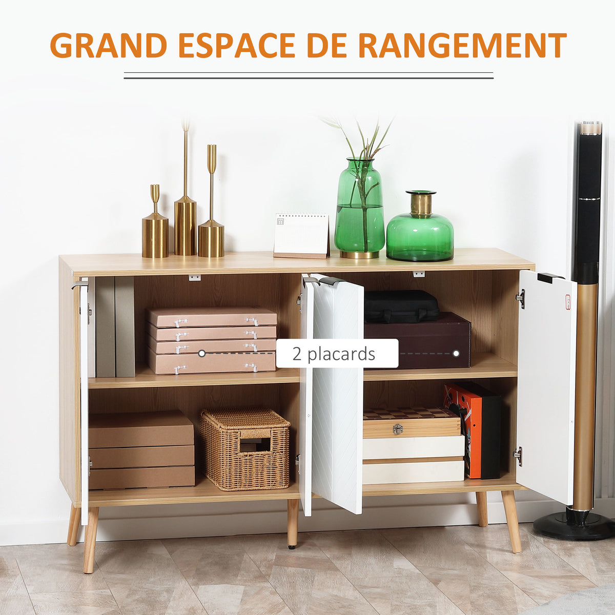 Buffet bas meuble de rangement 2 placards 4 portes motif chevrons étagères réglables 120 x 35 x 77,4 cm blanc-3