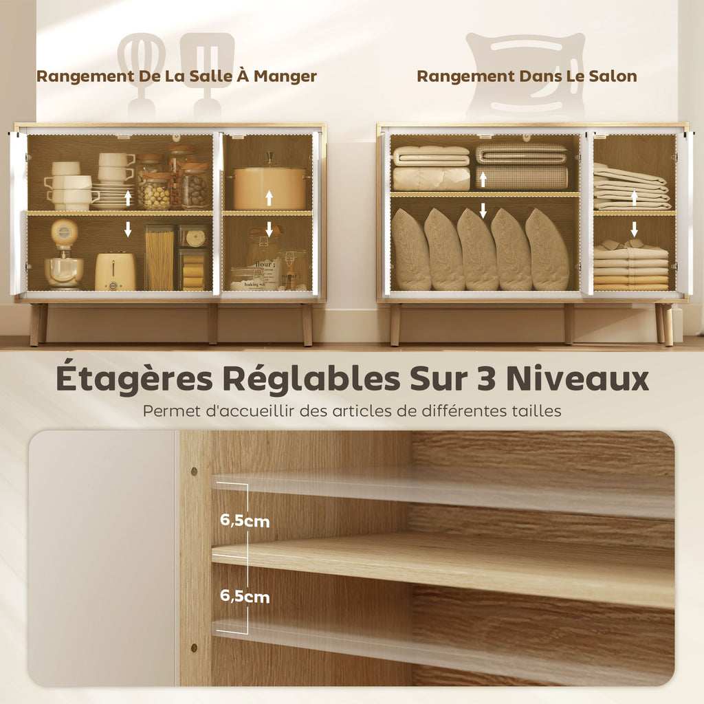 Buffet à haute brillance, meuble de rangement avec 3 portes, étagères réglables, 107 x 35 x 77 cm, blanc et chêne-4