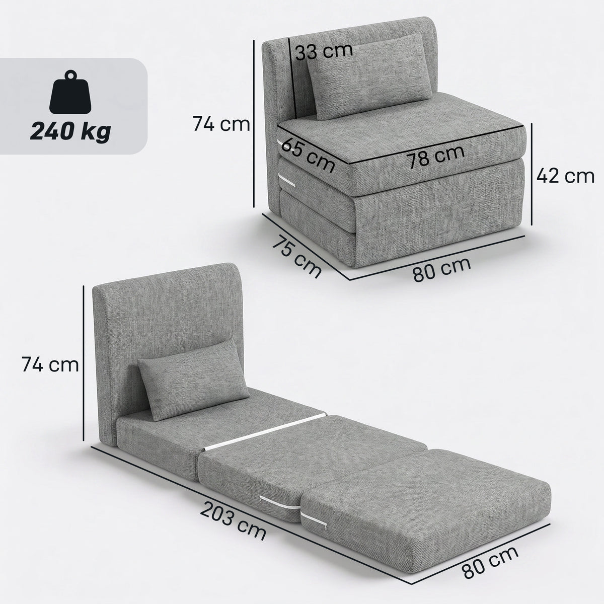 Fauteuil chauffeuse pliant 3 en 1 avec coussin, convertible, matelas dépliant pour invités, salon, bureau, gris-2