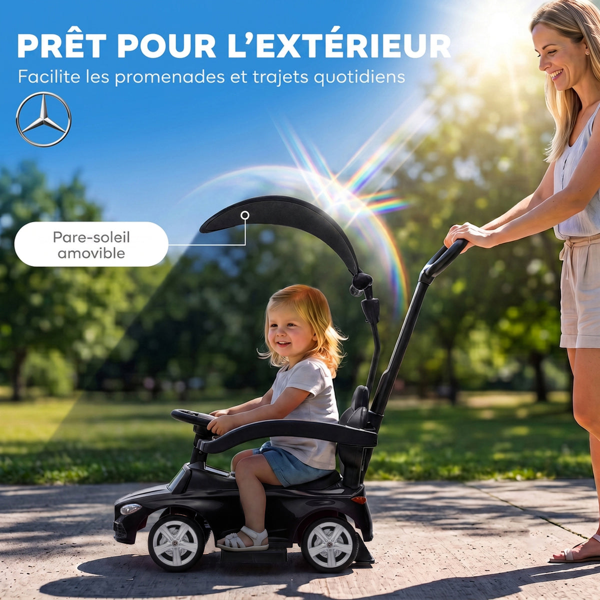 Porteur Enfants 3 en 1 Mercedes-Benz sous Licence, Garde-Corps, Espace de Rangement, Klaxon, 83x40x90cm, Noir