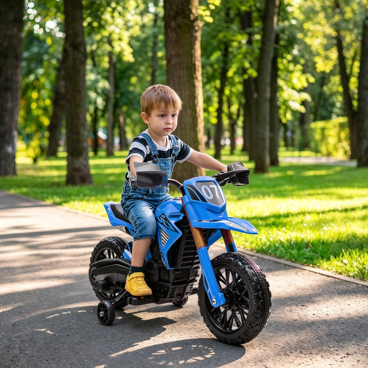 Moto cross électrique pour enfants 3-8 ans, batterie 6 V, 2 moteurs, klaxon et roues d'entraînement, charge 30KG, bleu