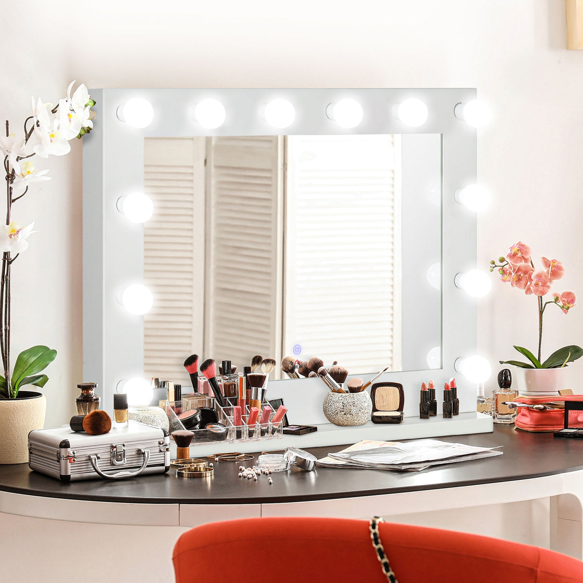 Miroir maquillage Hollywood lumineux 12 LED tactile - luminosité réglable, fonction mémoire - métal MDF blanc verre-6