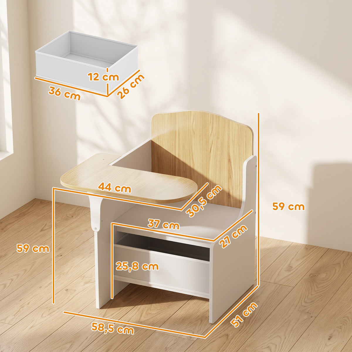 Bureau et chaise pour enfants avec bac de rangement, ensemble table d'activité 2-en-1 pour dessin lecture et jeux, blanc-2
