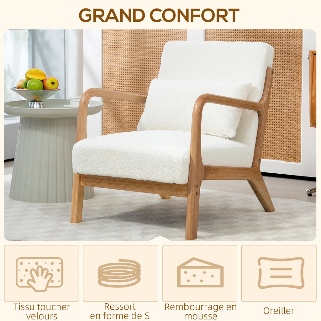 Fauteuil lounge - 3 coussins inclus - assise profonde - accoudoirs - structure bois hévéa - tissu bouclette crème