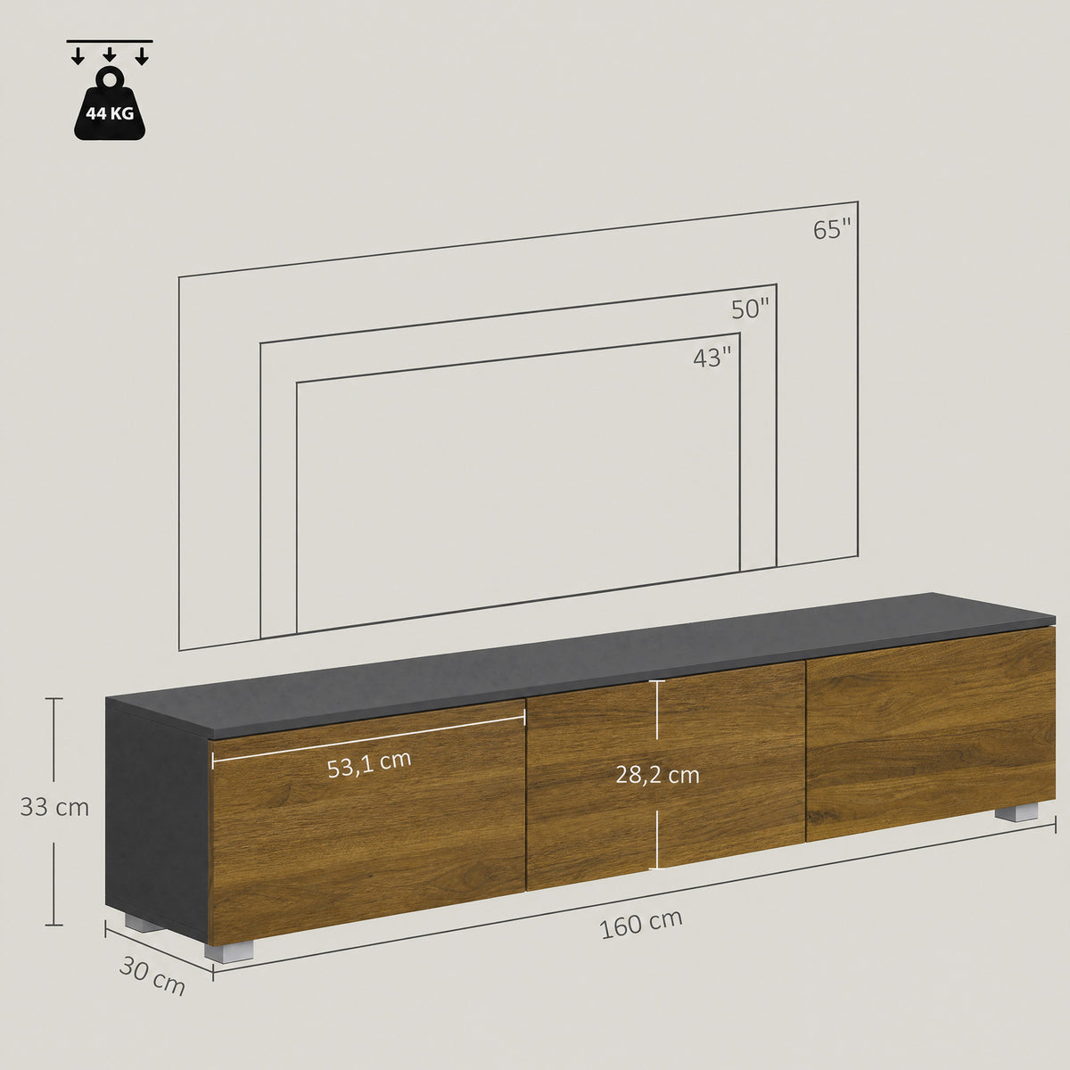 Meuble TV Suspendu ou sur Pied 160 cm pour Téléviseur 65 Pouces, Porte à fermeture, Passe-câbles, Noyer-2