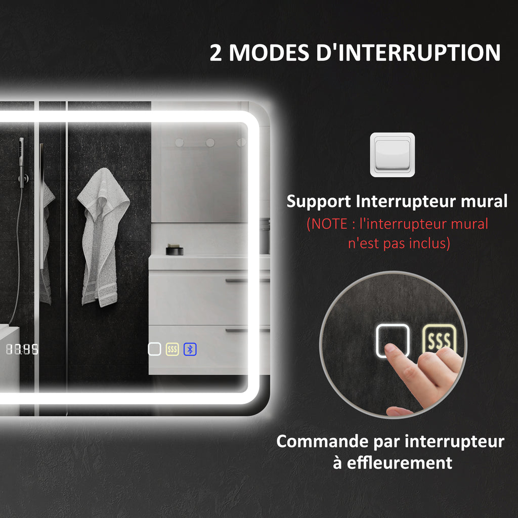 Miroir salle de bain Bluetooth avec éclairage LED 50 x 70 cm, miroir lumineux mural avec horloge, antibuée, argenté-8
