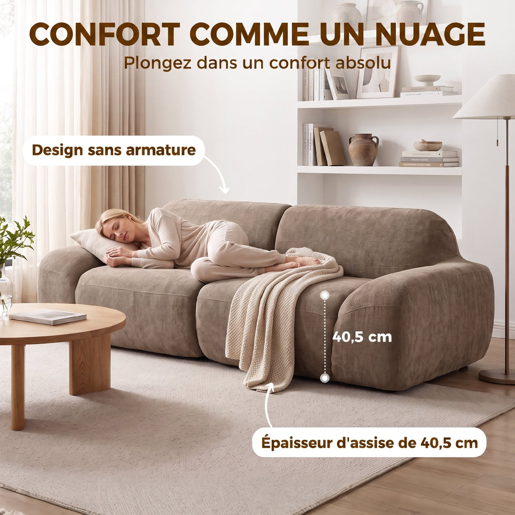 Canapé 3 Places en Chenille 244 cm, Canapé Salon Moderne, Assise et Accoudoirs Larges, Ressorts Ensachés, Marron Clair-5
