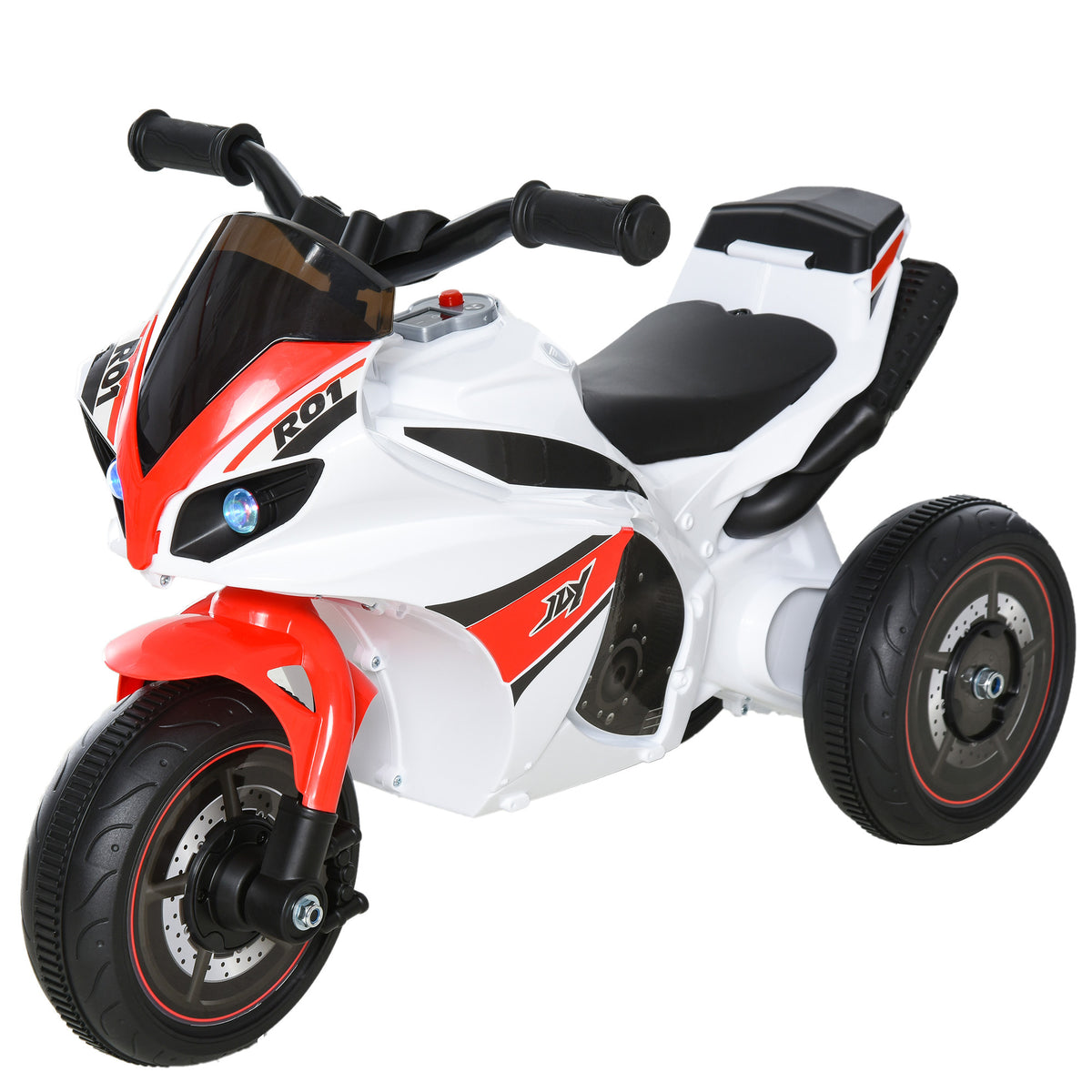 Porteur Enfants Moto de Course Effets musicaux et Lumineux Coffre Rangement Rouge Blanc
