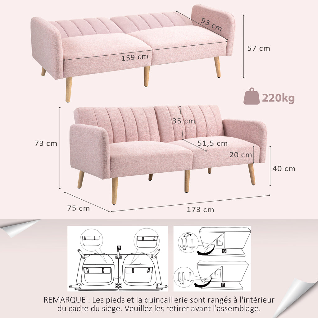 2 Személyes Ágyékanapé – Skandináv Design, Rózsaszín, Len Hatású Szövet