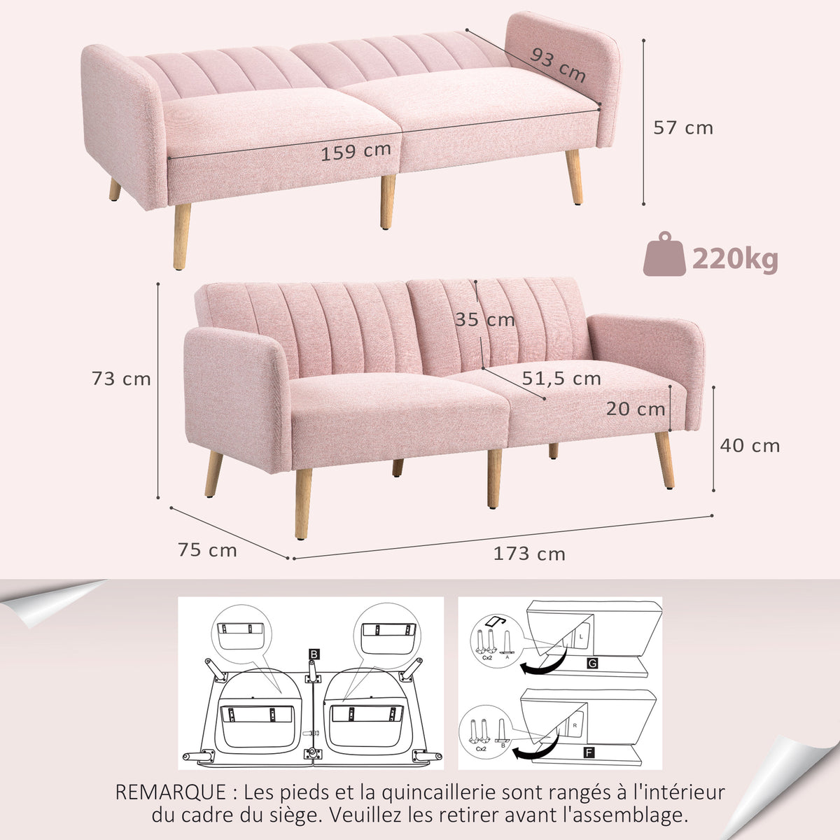 2 Személyes Ágyékanapé – Skandináv Design, Rózsaszín, Len Hatású Szövet