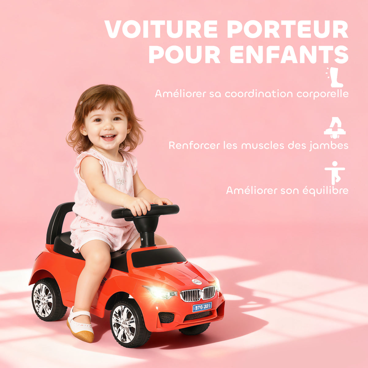 Porteur enfants voiture, véhicule à pousser avec coffre à jouets, klaxon, phares et musique, 63,5 x 28 x 36 cm, rouge