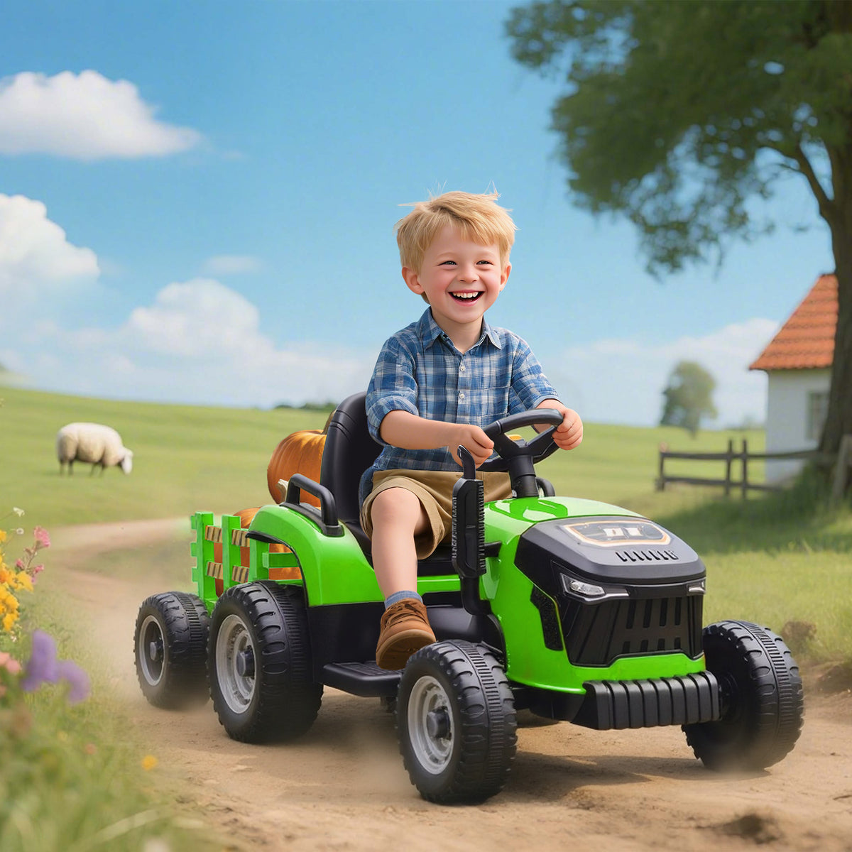 Tracteur électrique enfants avec remorque amovible, voiture électrique enfants, télécommande 2,4G, 139x58x55cm, vert