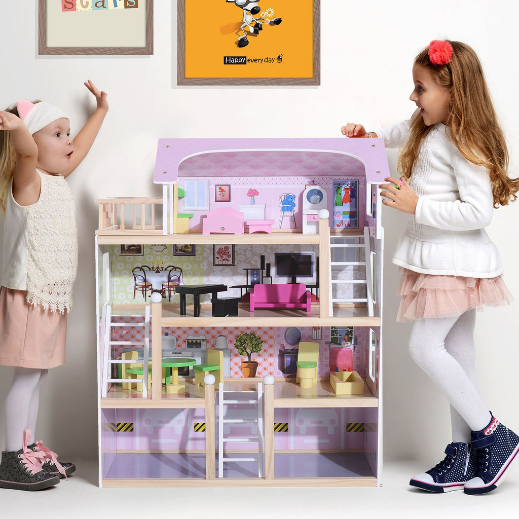 Maison de poupée en Bois Jeu d'imitation 4 Étages pour 3+ ans avec 13 Accessoires Grand réalisme Multi-équipement 60L x 30l x 80H cm Blanc et Rose