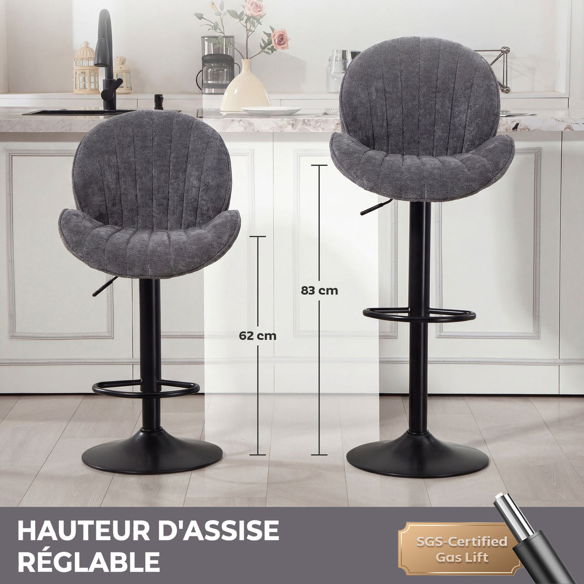 Lot de 2 Tabourets de Bar, Hauteur Réglable, Pivotant 360°, Siège Rembourré, Dossier et Repose-pieds, Gris-4