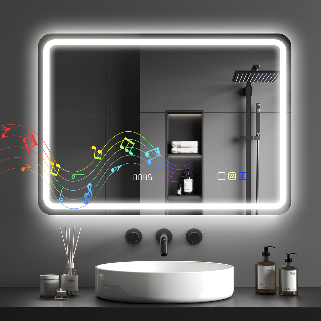 Miroir salle de bain Bluetooth avec éclairage LED 50 x 70 cm, miroir lumineux mural avec horloge, antibuée, argenté-0