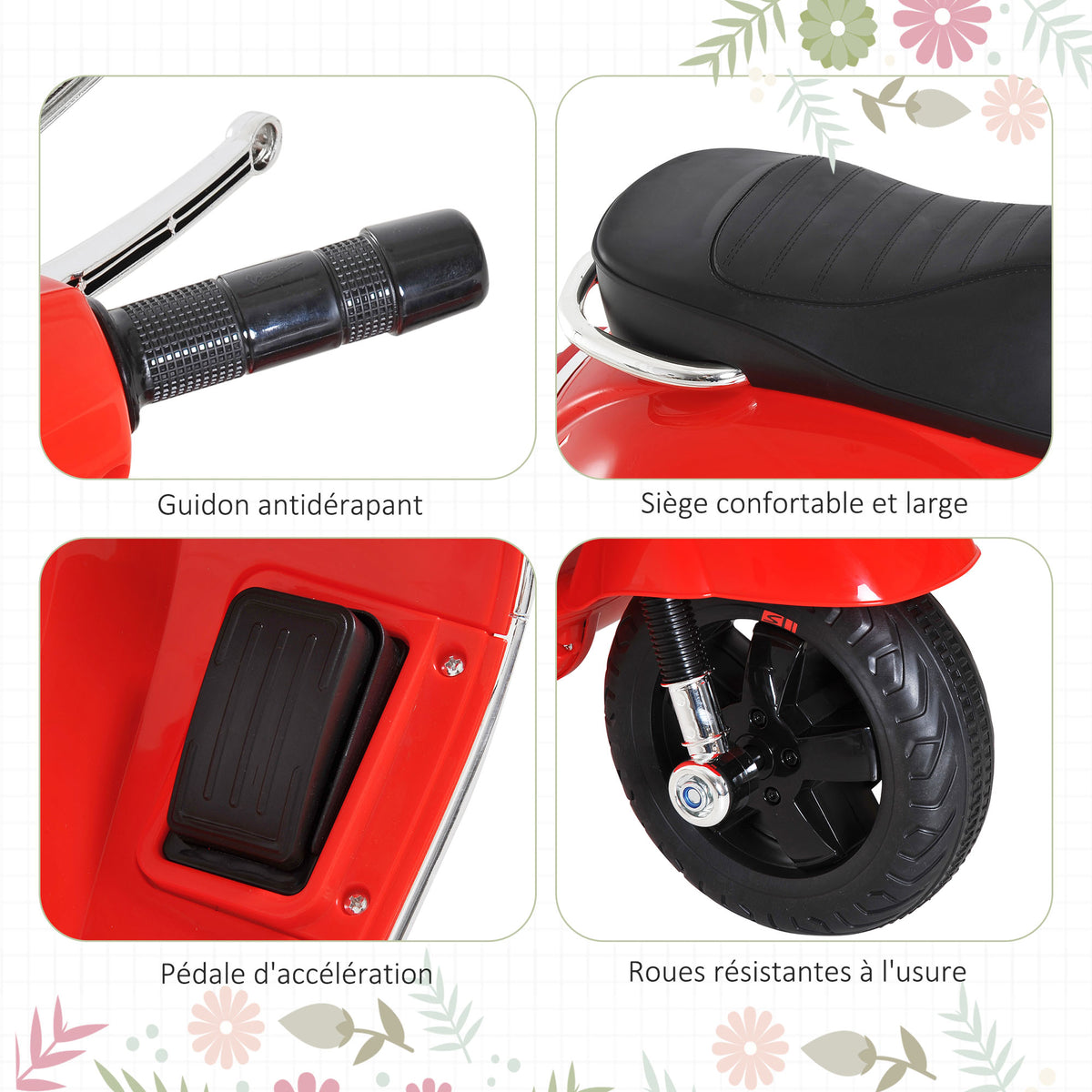 Vespa Scooter Moto électrique Enfants 6 V dim. 102L x 51l x 76H cm Musique MP3 Port USB klaxon Phare feu AR Rouge