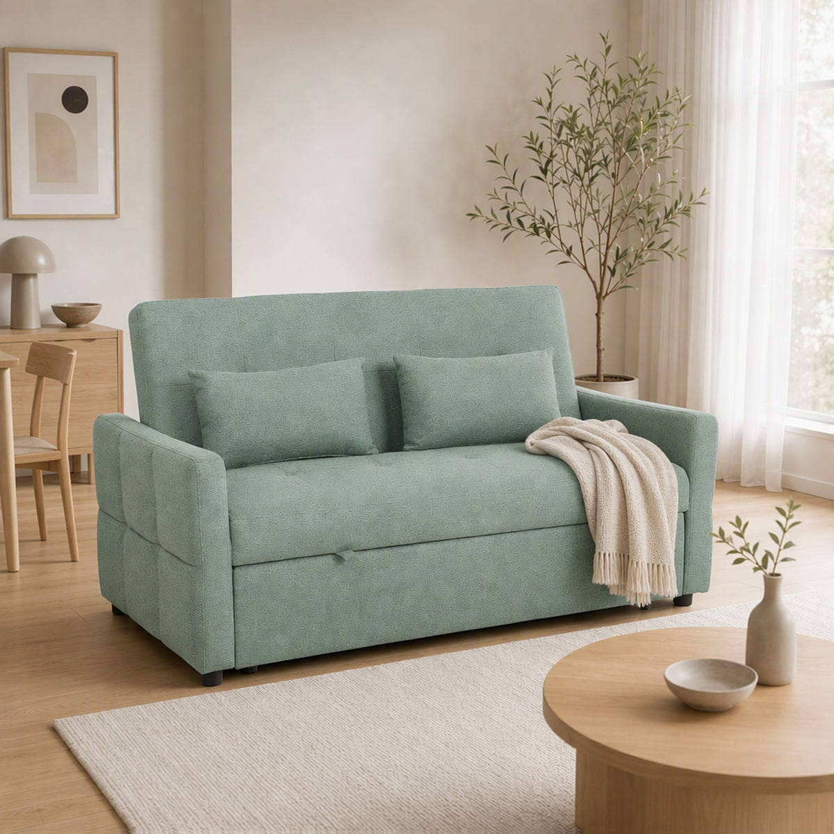 Canapé Convertible 2 Places 3 en 1, Canapé-Lit Clic Clac 160 cm, Dossier Réglable, Assise Large, 2 Oreillers, Vert-9