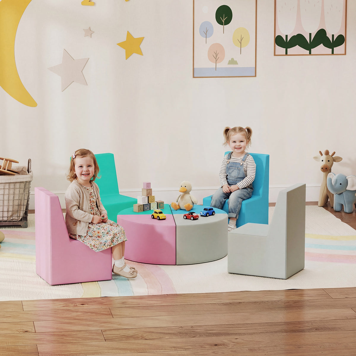 Parcours motricité bébé 8PCS, module motricité bébé mousse EPE et housse en PU, design table et chaises, multicolore