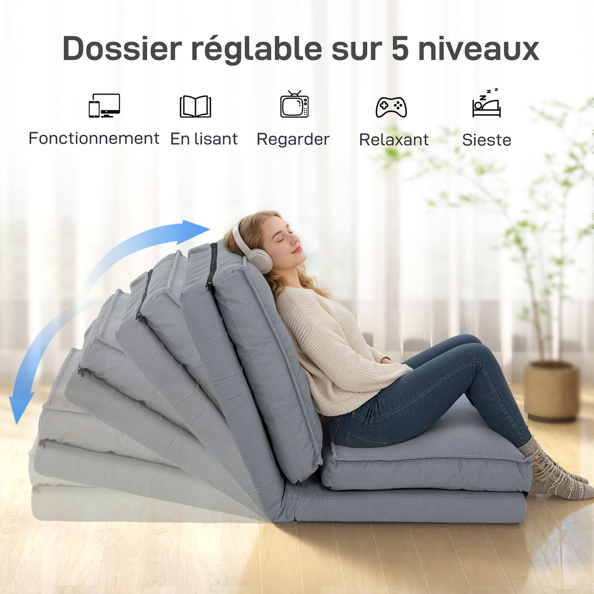 Fauteuil de sol pliable en velours côtelé, matelas de sol avec dossier réglable en 5 positions, 59 x 230 x 15 cm, gris-3