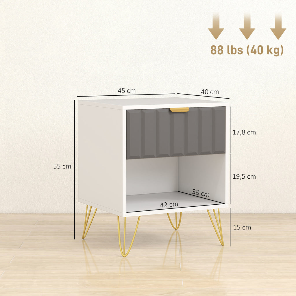 Table de chevet, table d'appoint compartiment ouvert, tiroir et poignée, pieds en acier, 45 x 40 x 55, blanc-2