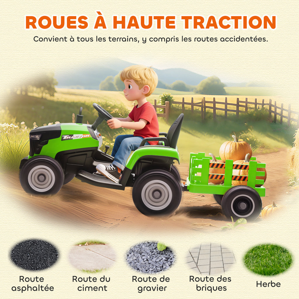 Tracteur électrique enfants avec remorque amovible, voiture électrique enfants, télécommande 2,4G, 139x58x55cm, vert