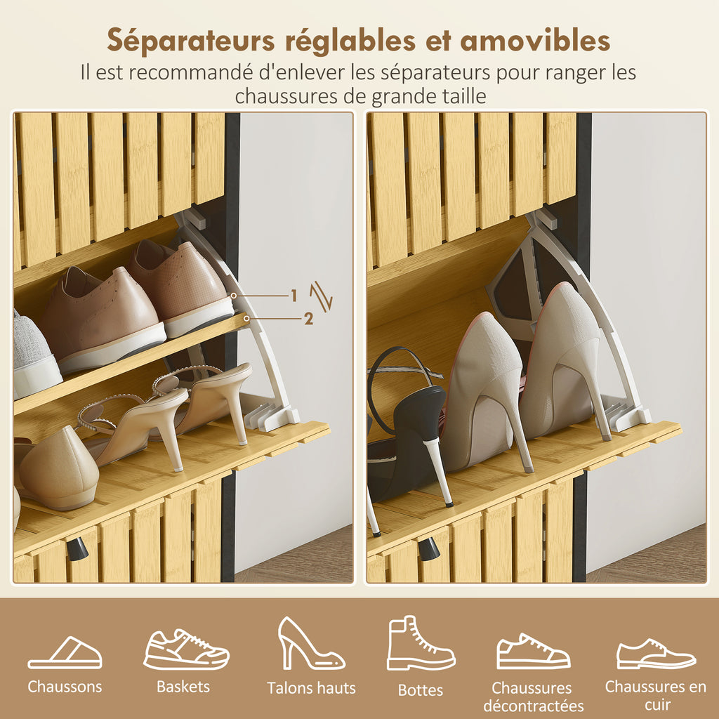 Meuble à chaussures 18 paires avec 3 tiroirs rabattables, portes en bambou à lattes, 60x24x118cm, noir et bois naturel-4