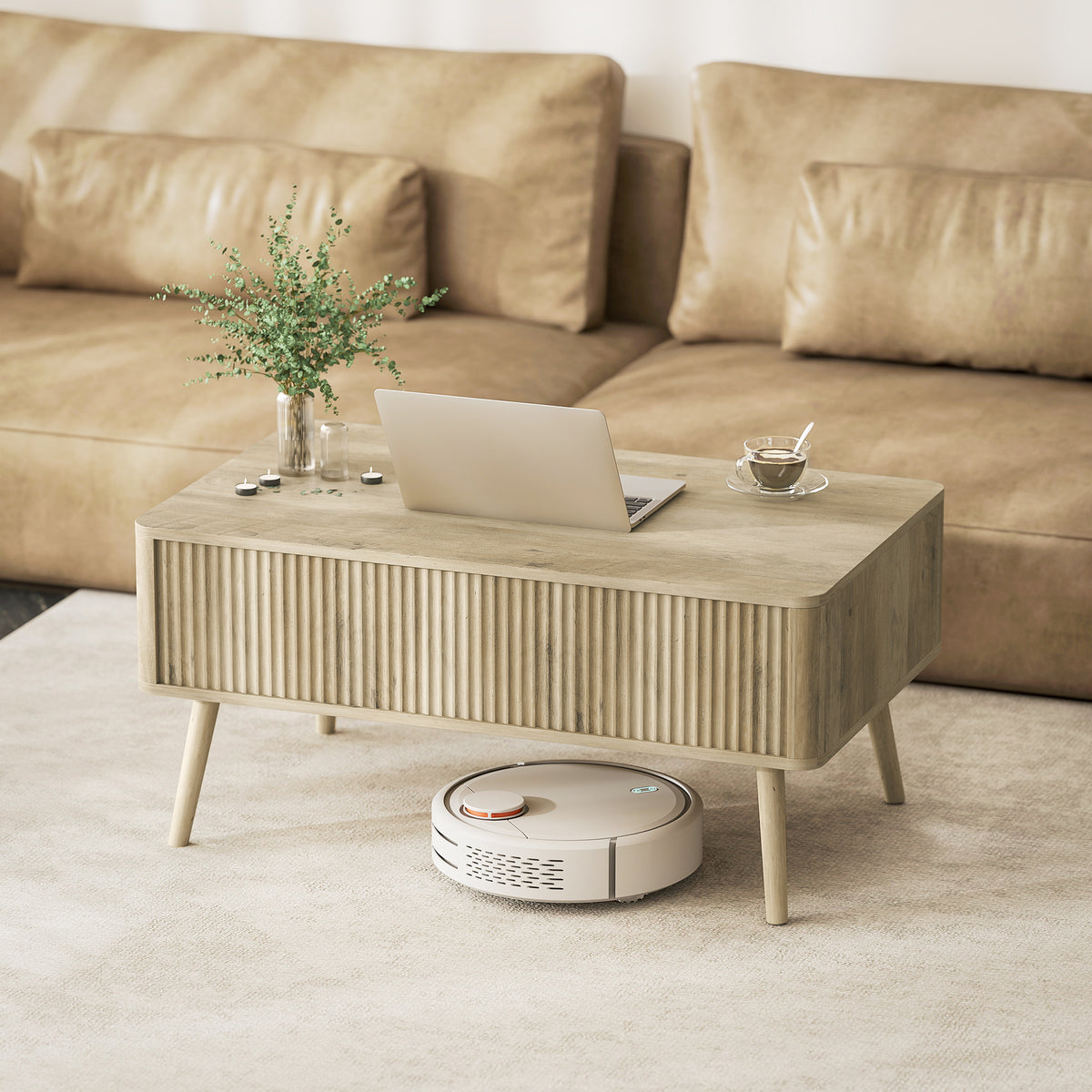 Table basse relevable, table de salon avec 2 compartiments cachés et pieds en pin, 91 x 56 x 43 cm, chêne-8