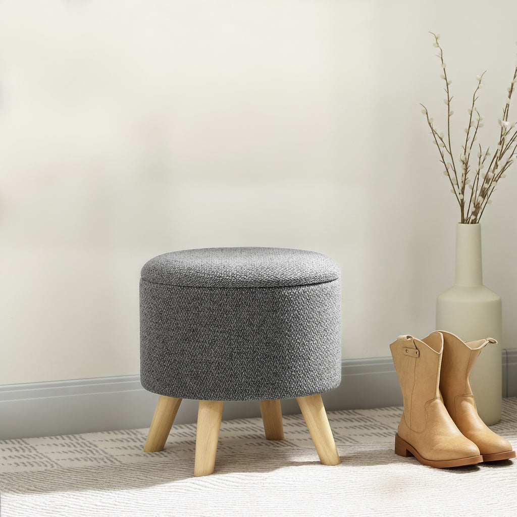Pouf rond repose-pieds tabouret avec coffre de rangement pieds en bois design moderne gris-1