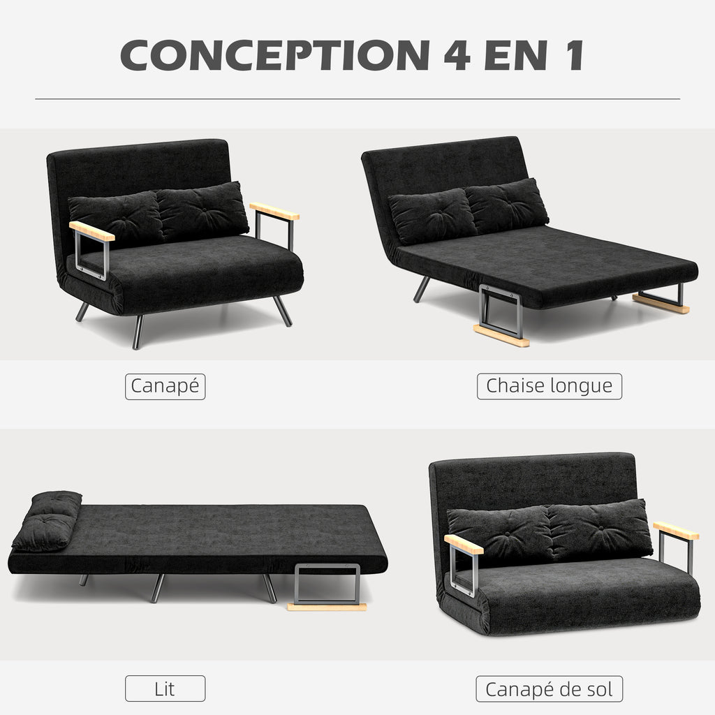 Canapé convertible 2 places 4 en 1, canapé-lit avec dossier réglable sur 5 niveaux, 2 coussins, 102 x 73 x 81 cm, noir-3