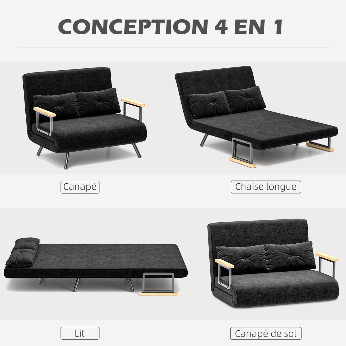 Canapé convertible 2 places 4 en 1, canapé-lit avec dossier réglable sur 5 niveaux, 2 coussins, 102 x 73 x 81 cm, noir-3
