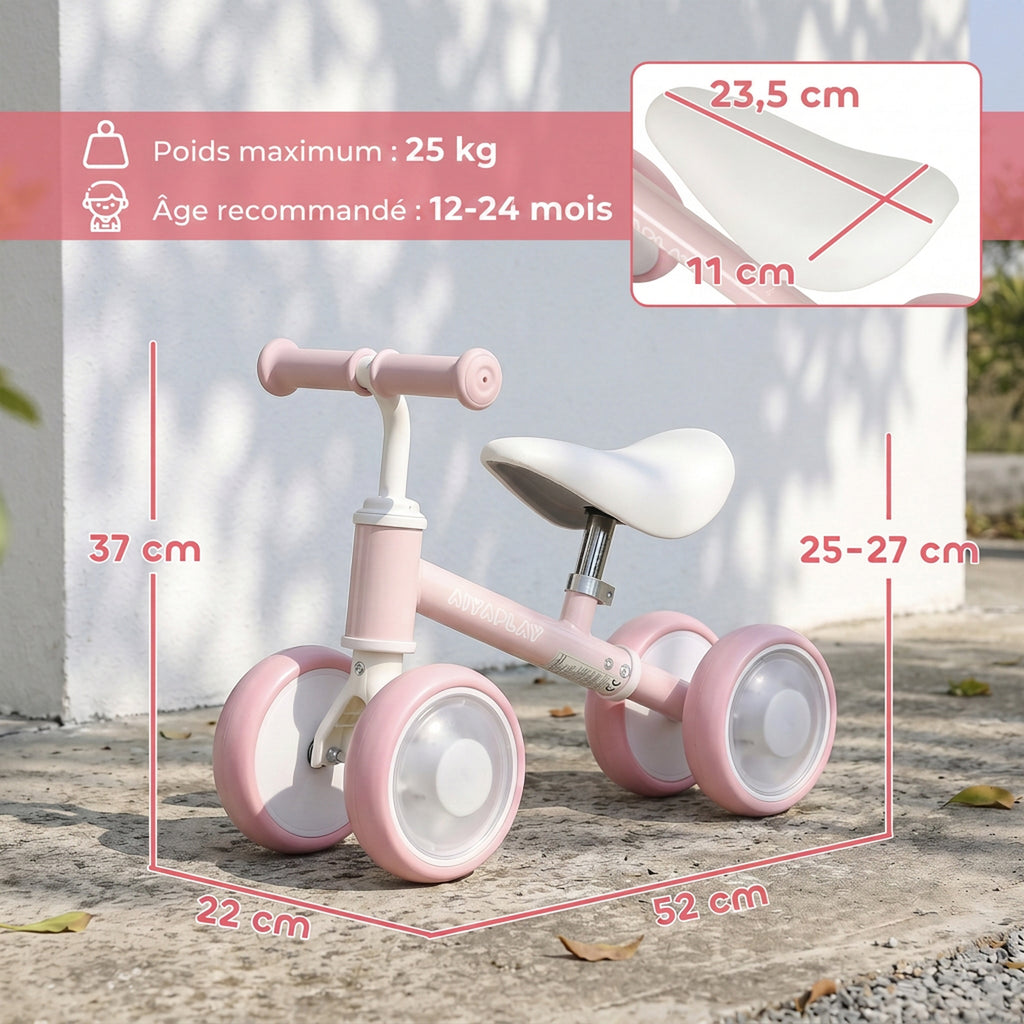 Draisienne Bébé 1-2 Ans, 4 Roues Lumineuses, Siège Réglable, Direction Limitée, Pneus EVA Silencieux, 52x22x37cm, Rose