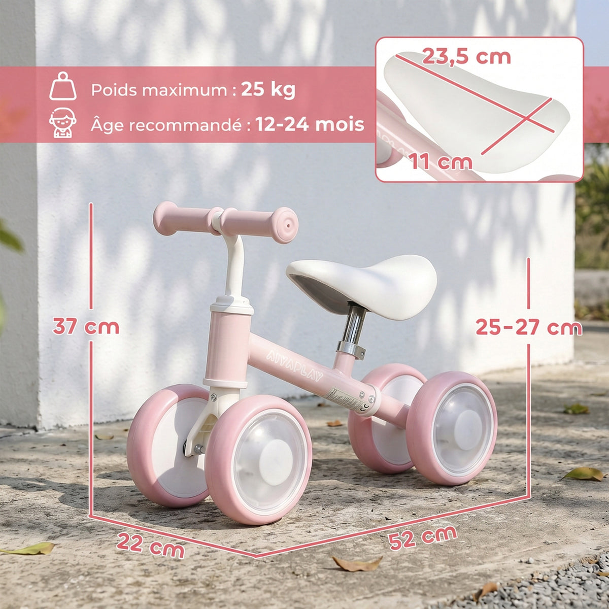 Draisienne Bébé 1-2 Ans, 4 Roues Lumineuses, Siège Réglable, Direction Limitée, Pneus EVA Silencieux, 52x22x37cm, Rose