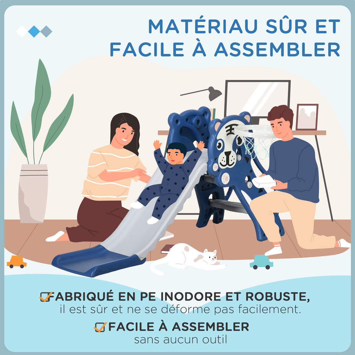 Toboggan pour enfants, toboggan intérieur pour enfants, avec panier de basket, thème tigre, de 18 à 36 mois, bleu-6