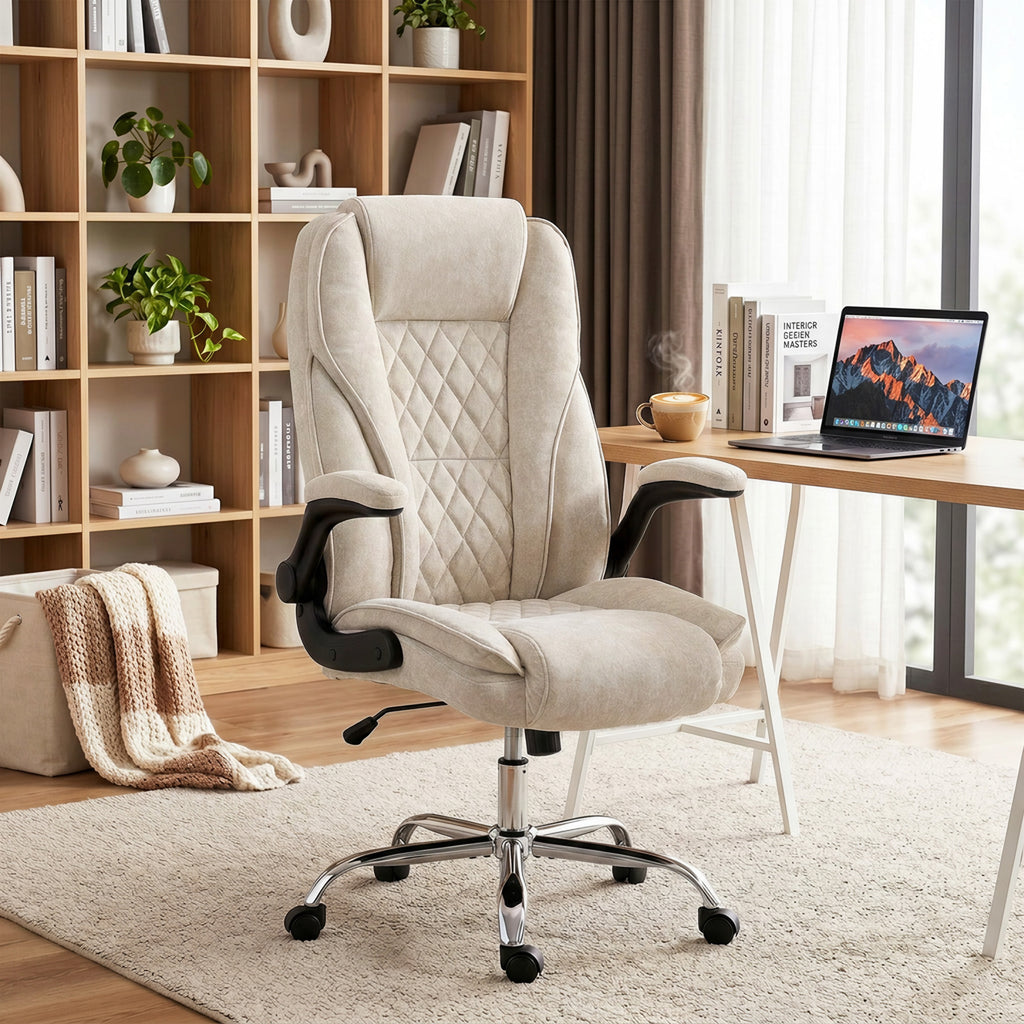Fauteuil de bureau, chaise bureau ergonomique, hauteur réglable, accoudoirs relevables, 70 x 70 x 114-122 cm, beige-1