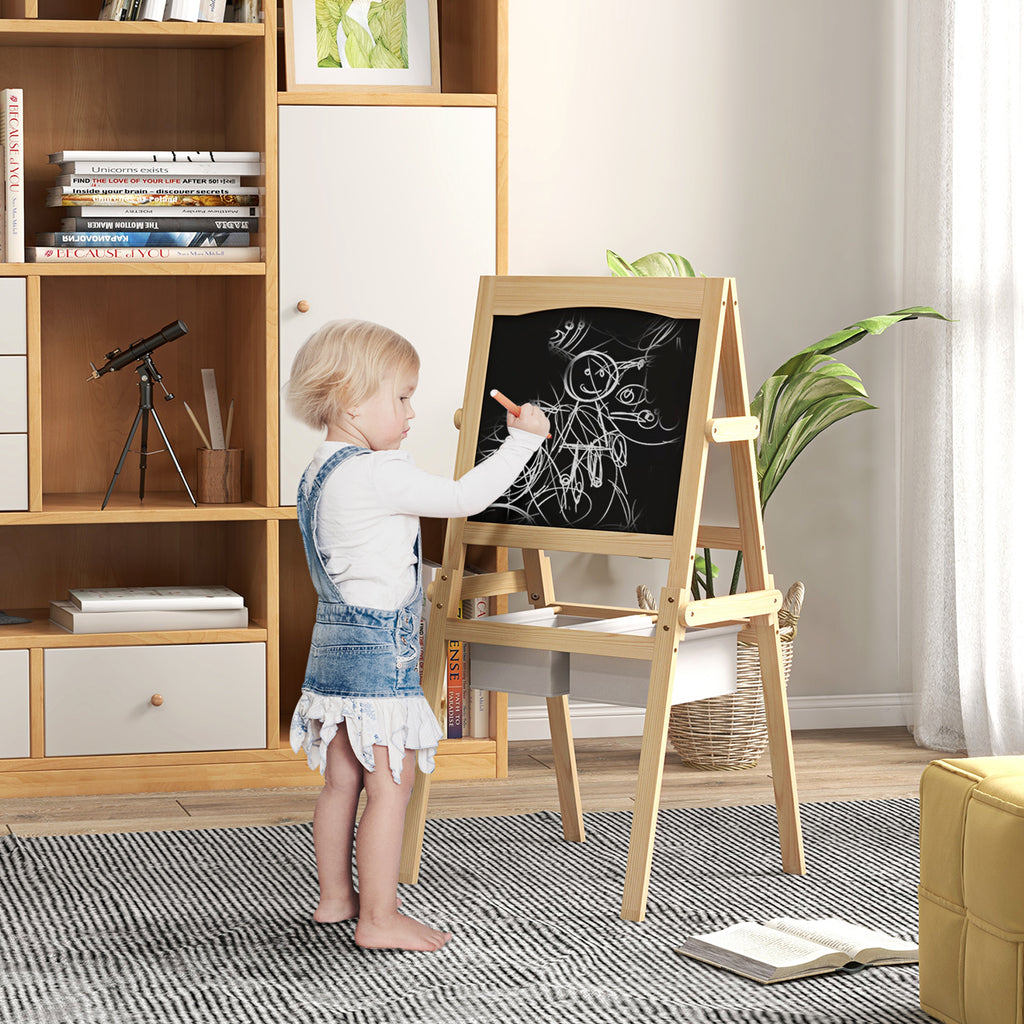Tableau chevalet enfant ardoise double face tableau blanc tableau à craie rouleau papier 58 x 50,5 x 109 cm naturel-1